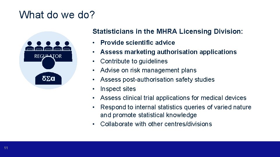 What do we do? Statisticians in the MHRA Licensing Division: REGULATOR δ α 11