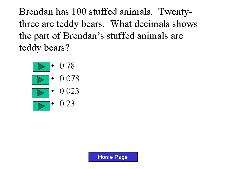 Brendan has 100 stuffed animals. Twentythree are teddy bears. What decimals shows the part