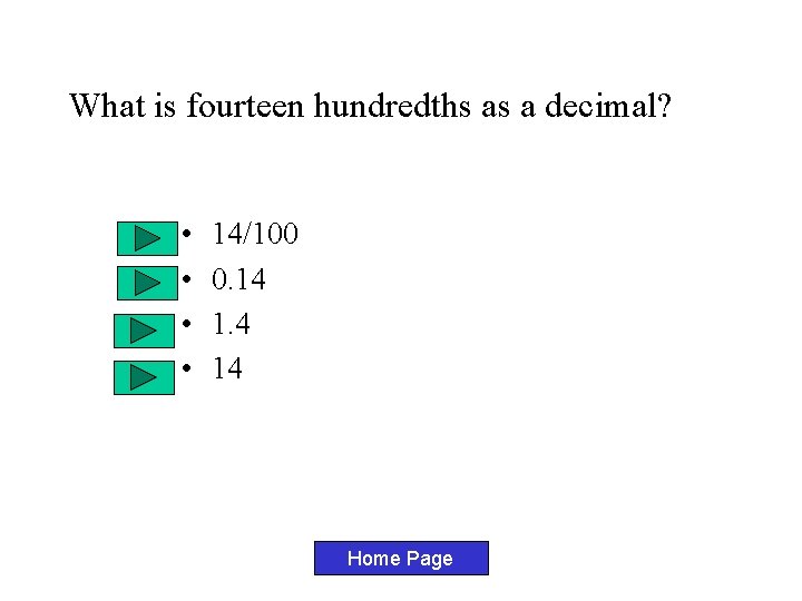 What is fourteen hundredths as a decimal? • • 14/100 0. 14 1. 4