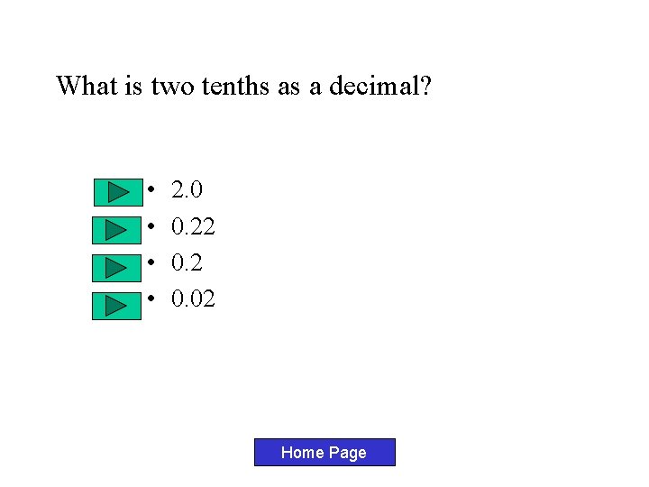 What is two tenths as a decimal? • • 2. 0 0. 22 0.