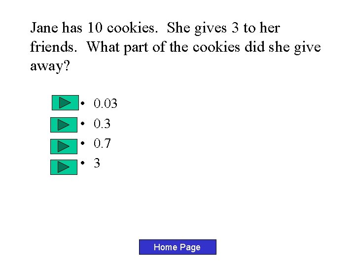 Jane has 10 cookies. She gives 3 to her friends. What part of the