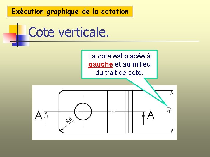 Exécution graphique de la cotation Cote verticale. La cote est placée à gauche et