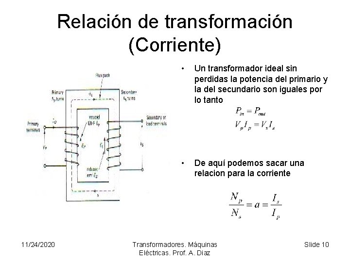 Relación de transformación (Corriente) 11/24/2020 • Un transformador ideal sin perdidas la potencia del