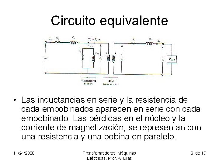 Circuito equivalente • Las inductancias en serie y la resistencia de cada embobinados aparecen