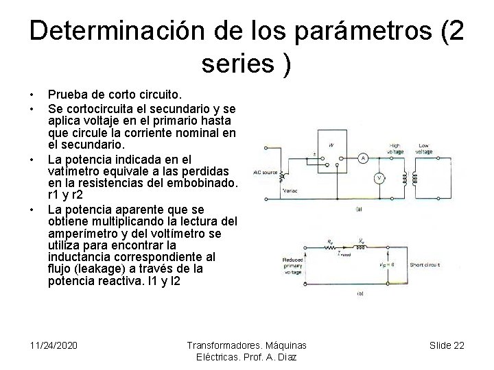 Determinación de los parámetros (2 series ) • • Prueba de corto circuito. Se