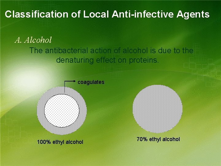 Classification of Local Anti-infective Agents A. Alcohol The antibacterial action of alcohol is due