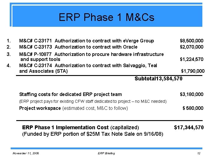 ERP Phase 1 M&Cs 1. 2. M&C# C-23171 Authorization to contract with e. Verge