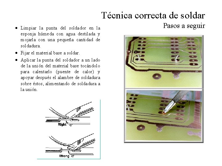 Técnica correcta de soldar · Limpiar la punta del soldador en la esponja húmeda