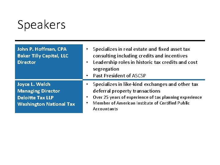 Speakers John P. Hoffman, CPA Baker Tilly Capital, LLC Director • Specializes in real