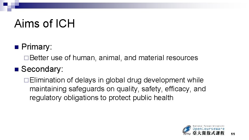 Aims of ICH n Primary: ¨ Better n use of human, animal, and material