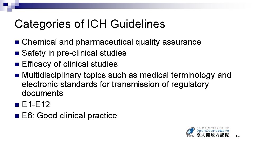 Categories of ICH Guidelines Chemical and pharmaceutical quality assurance n Safety in pre-clinical studies