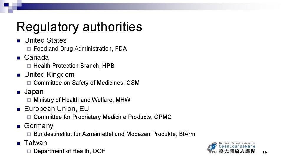 Regulatory authorities n United States ¨ n Canada ¨ n Committee for Proprietary Medicine