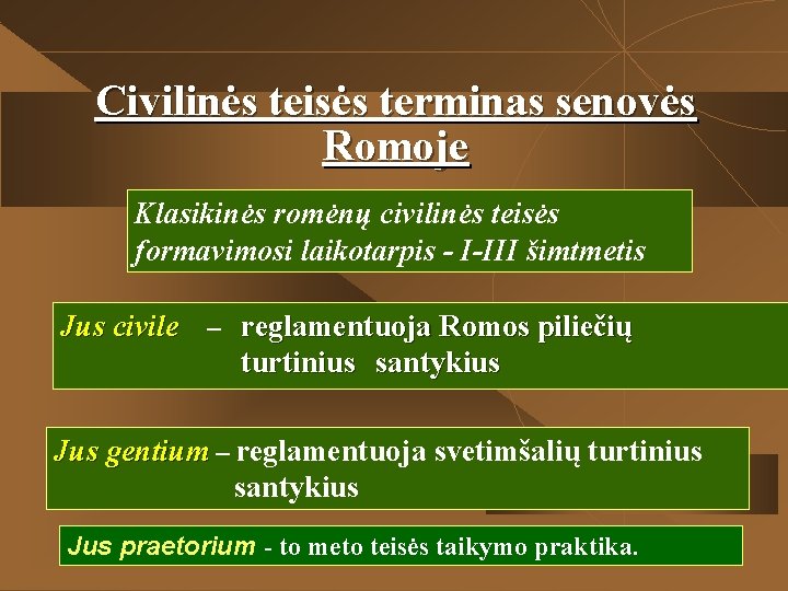 Civilinės teisės terminas senovės Romoje Klasikinės romėnų civilinės teisės formavimosi laikotarpis - I-III šimtmetis