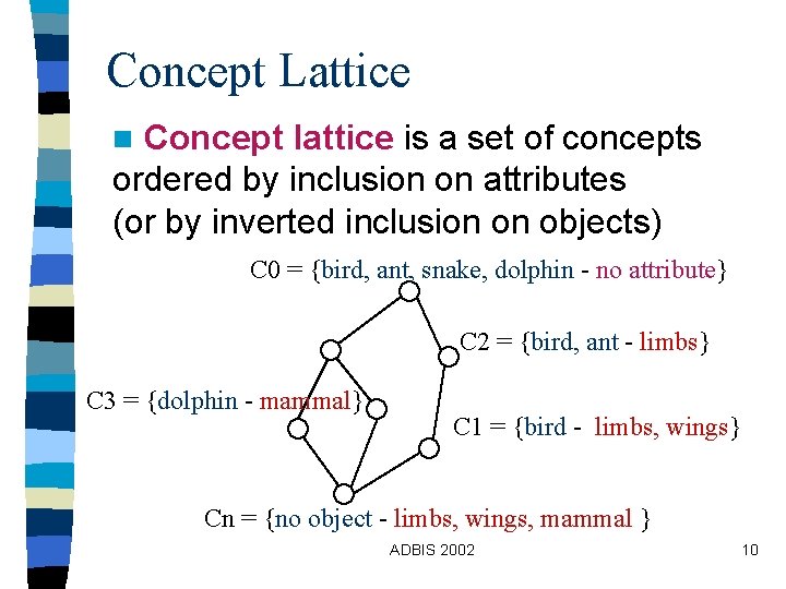 Concept Lattice Concept lattice is a set of concepts ordered by inclusion on attributes Concept Lattice Concept lattice is a set of concepts ordered by inclusion on attributes