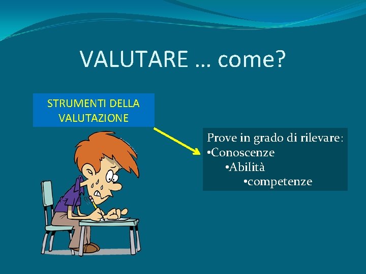 VALUTARE … come? STRUMENTI DELLA VALUTAZIONE Prove in grado di rilevare: • Conoscenze •