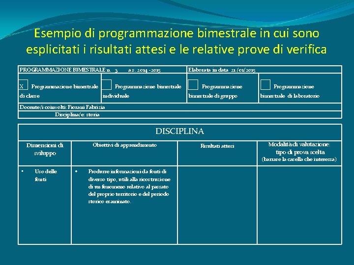 Esempio di programmazione bimestrale in cui sono esplicitati i risultati attesi e le relative