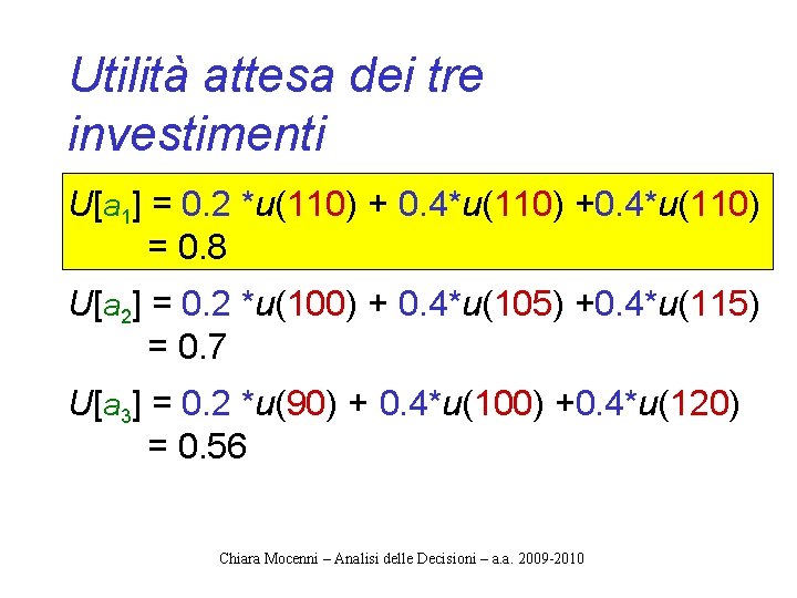 Utilità attesa dei tre investimenti U[a 1] = 0. 2 *u(110) + 0. 4*u(110)