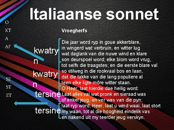 O KT A AF SE ST ET Italiaanse sonnet Vroegherfs kwatry n tersine Die
