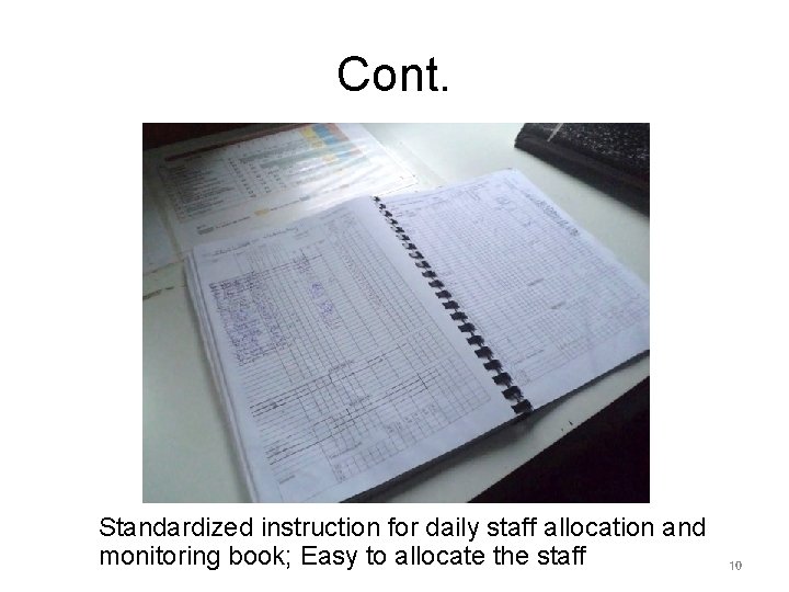 Cont. Standardized instruction for daily staff allocation and monitoring book; Easy to allocate the