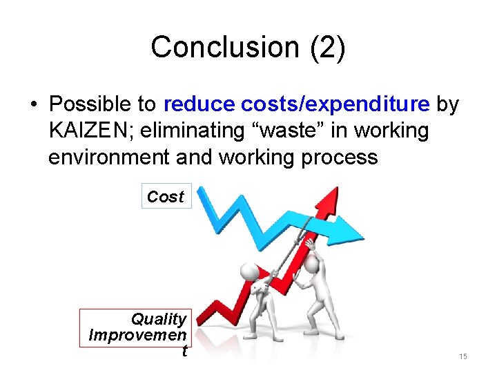 Conclusion (2) • Possible to reduce costs/expenditure by KAIZEN; eliminating “waste” in working environment