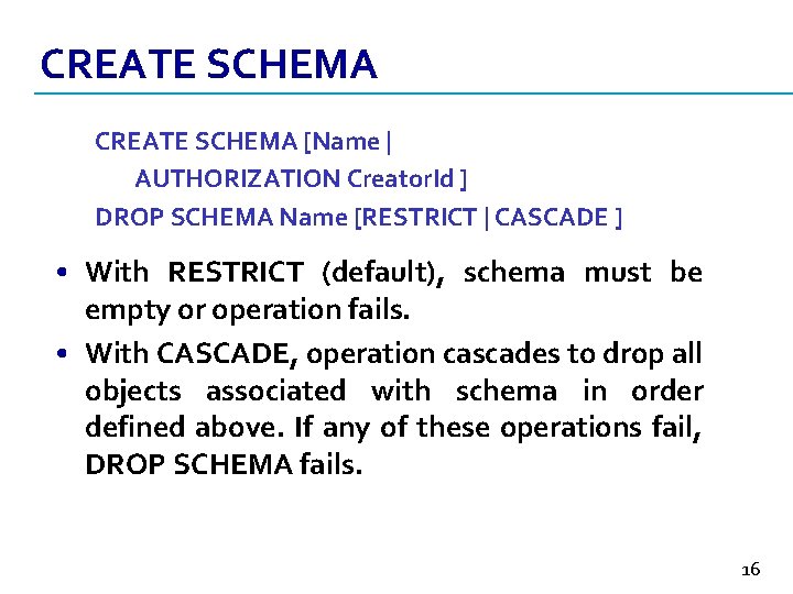 CREATE SCHEMA [Name | AUTHORIZATION Creator. Id ] DROP SCHEMA Name [RESTRICT | CASCADE