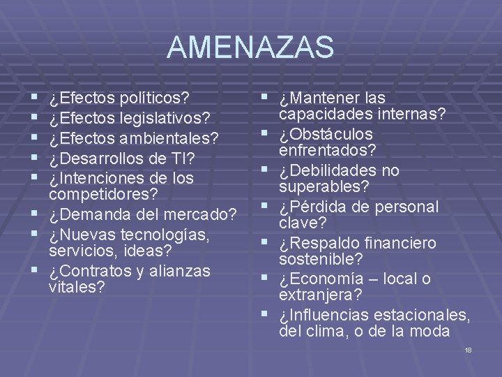 AMENAZAS § § § § ¿Efectos políticos? ¿Efectos legislativos? ¿Efectos ambientales? ¿Desarrollos de TI?