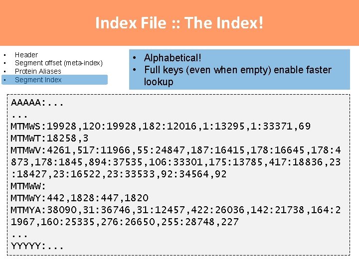 Index File : : The Index! • • Header Segment offset (meta-index) Protein Aliases Index File : : The Index! • • Header Segment offset (meta-index) Protein Aliases