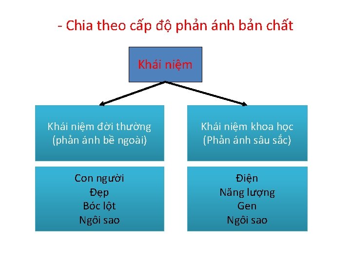 - Chia theo cấp độ phản ánh bản chất Khái niệm đời thường (phản