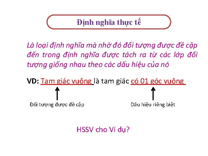 Định nghĩa thực tế Là loại định nghĩa mà nhờ đó đối tượng được