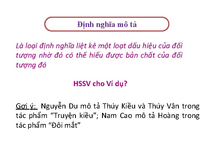 Định nghĩa mô tả Là loại định nghĩa liệt kê một loạt dấu hiệu
