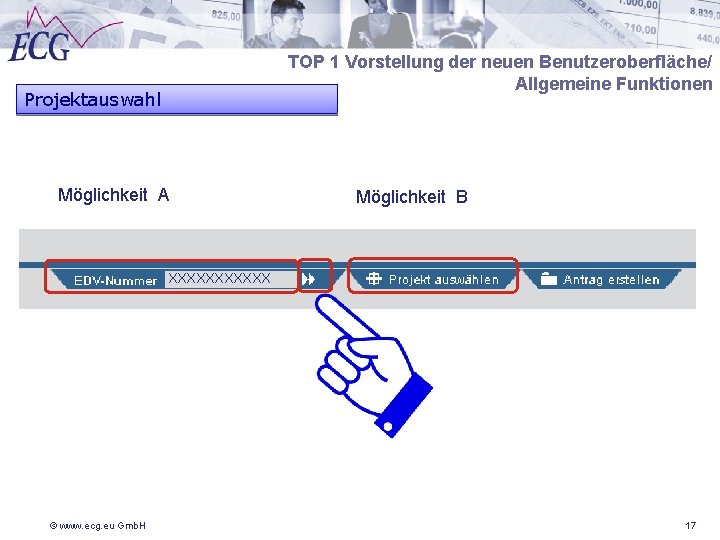 TOP 1 Vorstellung der neuen Benutzeroberfläche/ Allgemeine Funktionen Projektauswahl Möglichkeit A Möglichkeit B XXXXXX