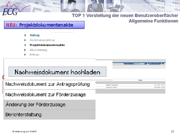 TOP 1 Vorstellung der neuen Benutzeroberfläche/ Allgemeine Funktionen NEU: Projektdokumentenakte © www. ecg. eu