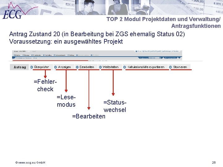 TOP 2 Modul Projektdaten und Verwaltung/ Antragsfunktionen Antrag Zustand 20 (in Bearbeitung bei ZGS