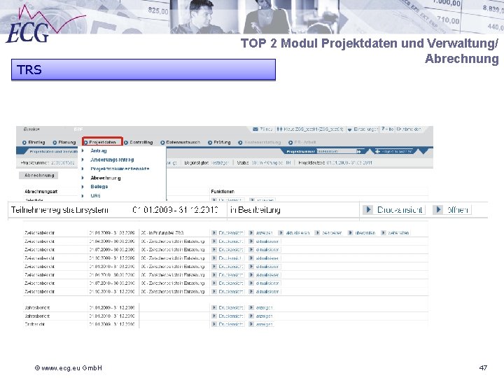 TRS © www. ecg. eu Gmb. H TOP 2 Modul Projektdaten und Verwaltung/ Abrechnung