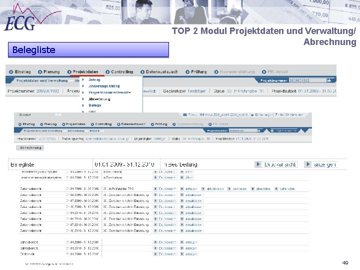 Belegliste © www. ecg. eu Gmb. H TOP 2 Modul Projektdaten und Verwaltung/ Abrechnung