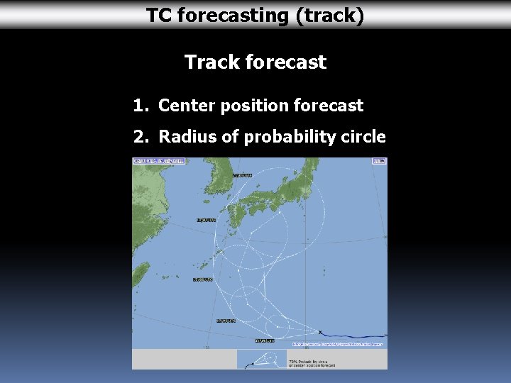 TC forecasting (track) Track forecast 1. Center position forecast 2. Radius of probability circle