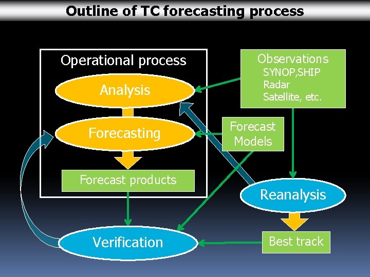 Outline of TC forecasting process Operational process Analysis Forecasting Forecast products Verification Observations SYNOP,