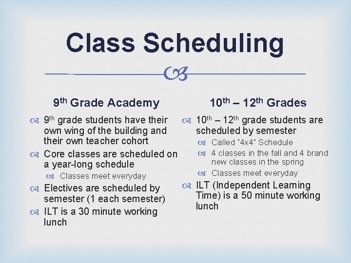 Class Scheduling 9 th Grade Academy 10 th – 12 th Grades 9 th