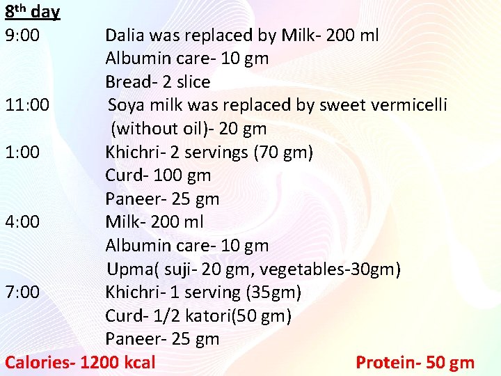 8 th day 9: 00 Dalia was replaced by Milk- 200 ml Albumin care-