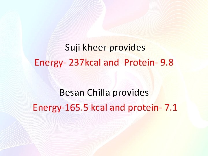 Suji kheer provides Energy- 237 kcal and Protein- 9. 8 Besan Chilla provides Suji kheer provides Energy- 237 kcal and Protein- 9. 8 Besan Chilla provides