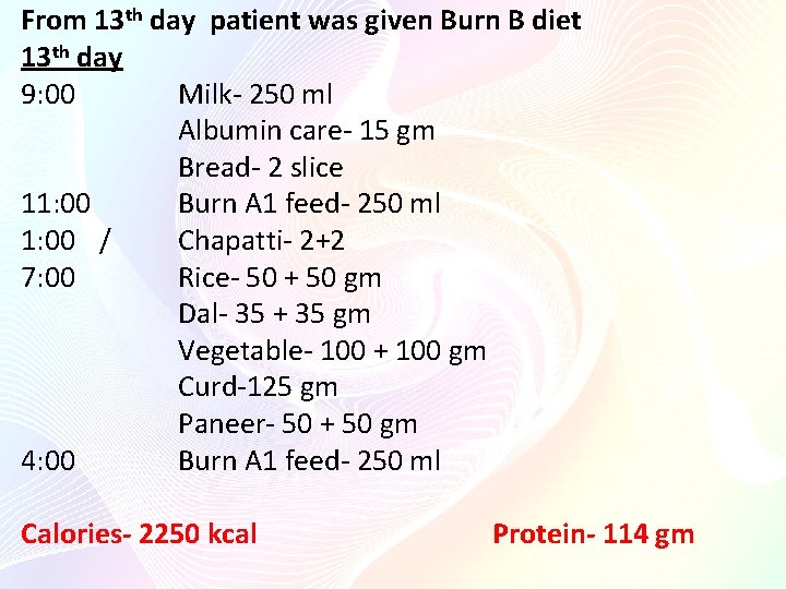 From 13 th day patient was given Burn B diet 13 th day 9: