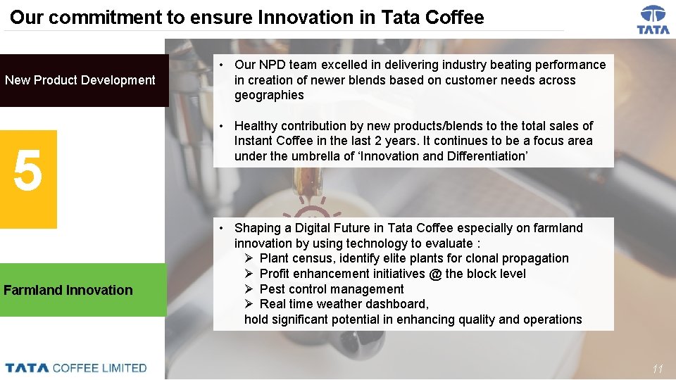 Our commitment to ensure Innovation in Tata Coffee New Product Development 5 Farmland Innovation