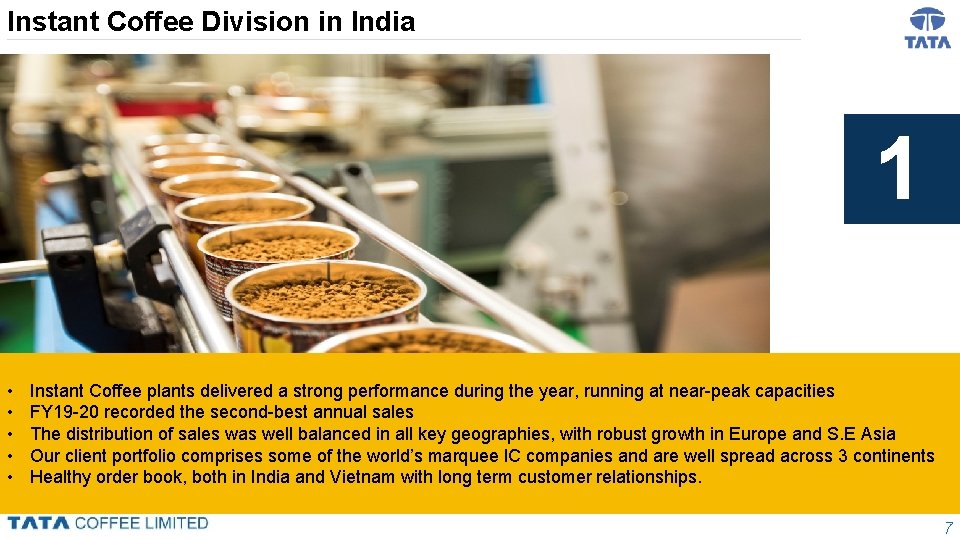 Instant Coffee Division in India 1 • • • Instant Coffee plants delivered a