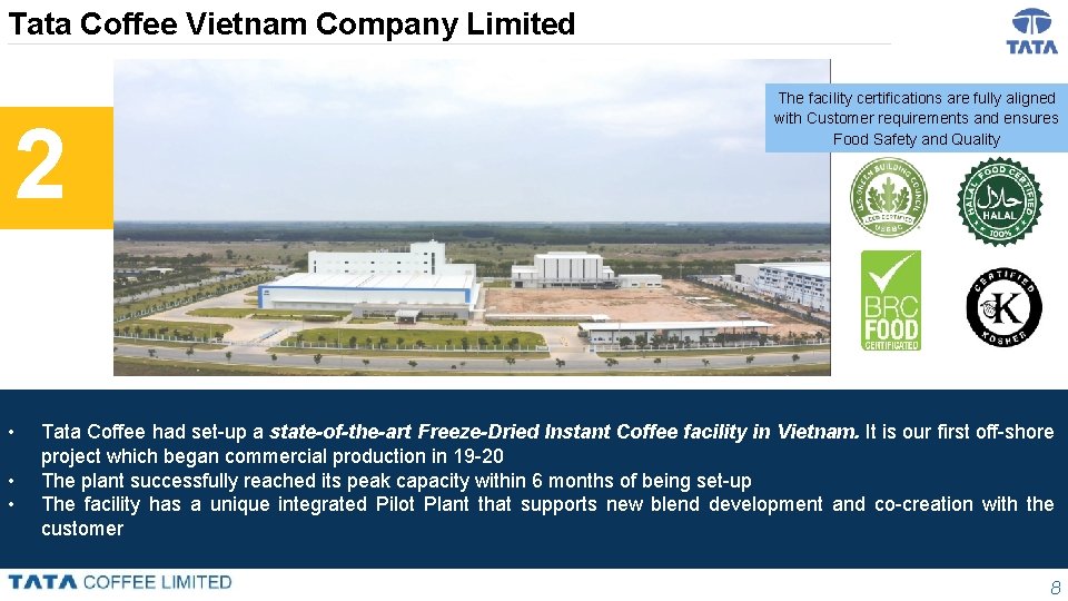 Tata Coffee Vietnam Company Limited 2 • • • The facility certifications are fully Tata Coffee Vietnam Company Limited 2 • • • The facility certifications are fully
