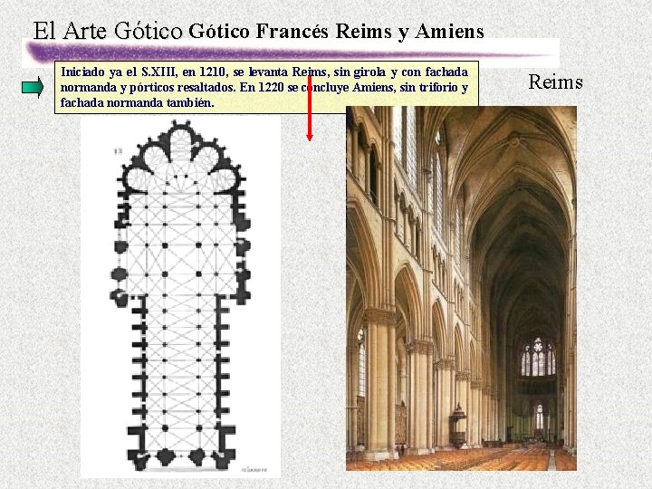 El Arte Gótico Francés Reims y Amiens Iniciado ya el S. XIII, en 1210,