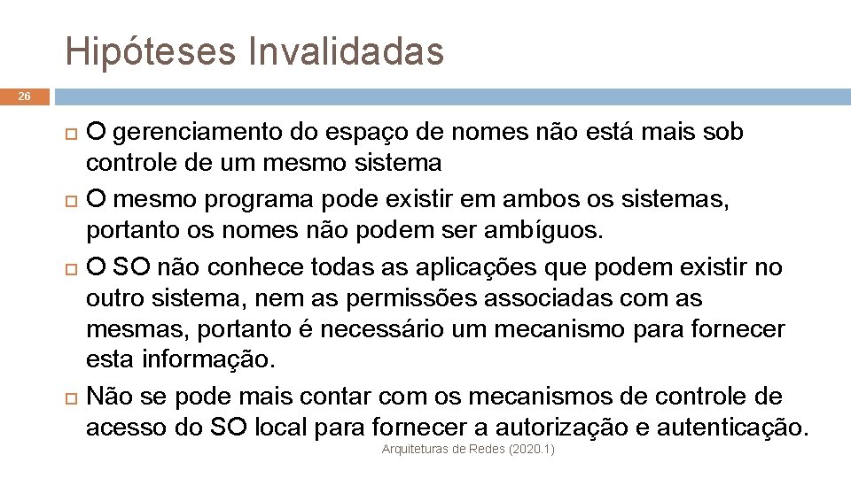 Hipóteses Invalidadas 26 O gerenciamento do espaço de nomes não está mais sob controle