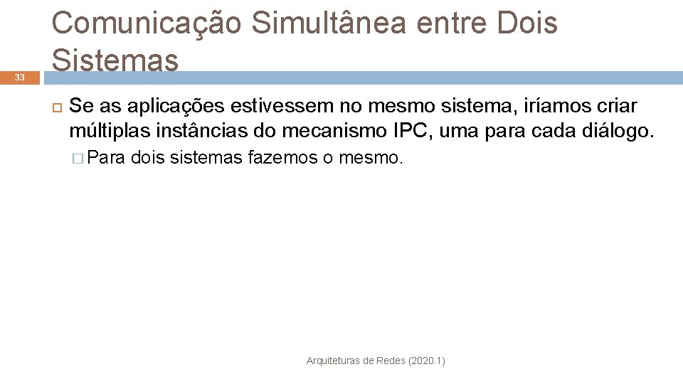 33 Comunicação Simultânea entre Dois Sistemas Se as aplicações estivessem no mesmo sistema, iríamos