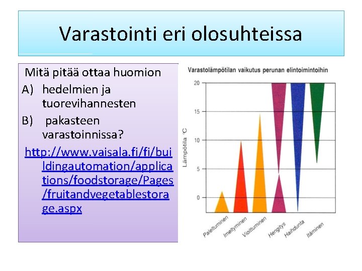 Varastointi eri olosuhteissa Mitä pitää ottaa huomion A) hedelmien ja tuorevihannesten B) pakasteen varastoinnissa?