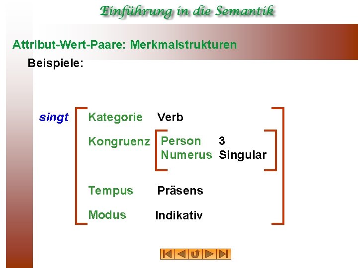 Attribut Wert Paare: Merkmalstrukturen Beispiele: singt Kategorie Verb Kongruenz Person 3 Numerus Singular Tempus