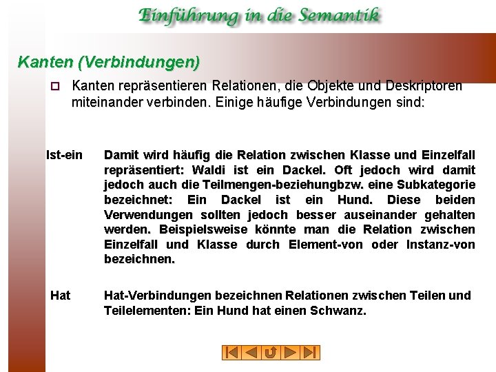Kanten (Verbindungen) ¨ Kanten repräsentieren Relationen, die Objekte und Deskriptoren miteinander verbinden. Einige häufige